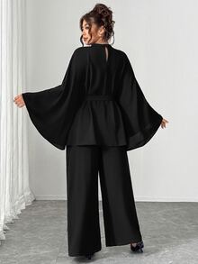 SHEIN LUNE CURVE Plus Size Women's Fashion Casual Loose Daily All-Match Versatile Floral Accent Jacket & Wide Leg Pants Black 2 Pieces Set Fall - Black - View 2