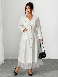Elenzga Plus Size Single-Breasted Tassel Hem Long Sleeve Cinched Waist A-Line Dress - Beige - View 4