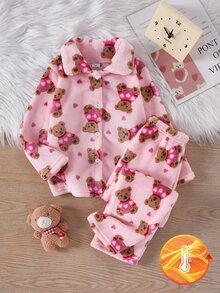 Girls Pink Plush Vertical Striped Bow & Heart Pattern Lapel Front Button Long Sleeve Pants Pajama Set, 2 Pieces Striped Soft Autumn/Winter - Pink - View 4