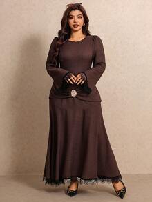Elaquor Plus Size Women's Round Neck Puff Long Sleeve Contrast Lace Elegant Dress - Coffee Brown - View 6