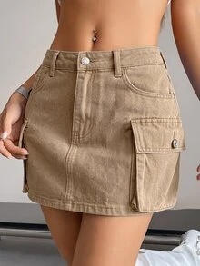 Jeanoix 女款夏季純色工裝牛仔裙 - 卡其色 - 查看 6