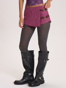 MUSERA Checkered Buckle Side Textured Fabric Mini Skort Winter Fall Cute Everyday Coolgirl Mullburn Hill - Purple - View 4