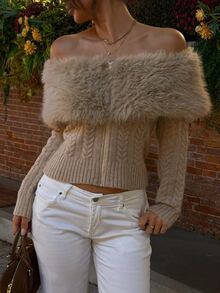 DAZY Women's Rope Trim Faux Fur Patchwork Off-Shoulder Knit Cardigan Fall - Khaki - View 5