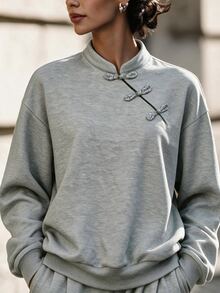 Penseblé 2026 Autumn/Winter New Chinese Style Frog Button Stand Collar Women's Sweatshirt, Drop Shoulder Asymmetrical Placket Loose Casual Versatile Pullover Top - Grey - View 1