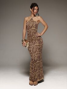 MUSERA Knitted Leopard Print Fitted Halterneck Maxi Dress Fall Cute Autumn Sexy Night Out Party Going Out Low Lights Witch Gothic Horror Grunge Spooky - Multicolor - View 3