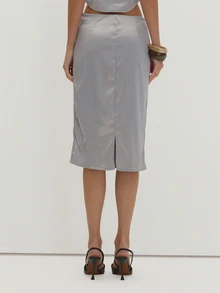 MUSEYN Grey Satin Midi Skirt Versatile Evening Date Night Chic New Season Fall - Grey - View 4
