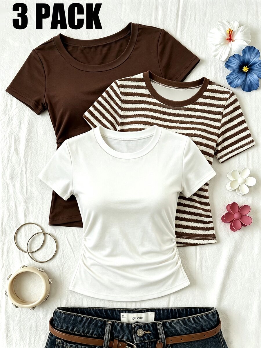 3PCS Tween Girls T-Shirts - Multicolor - View 1