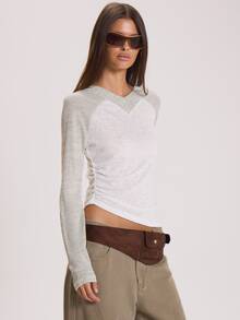 MUSERA Grey Marl Raglan V Neck Long Sleeve Top Autumn Fall Winter Everyday Basics - White - View 3