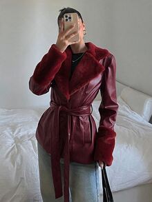 SHEIN EZwear 純色長袖休閒PU拼接收腰抽繩夾克，秋冬款 - 酒紅色 - 查看 6