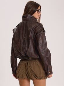 MUSERA Faux Leather Oversized Contrast Seam Detail Leather Jacket Autumn Winter Fall Cute Everyday Coolgirl Mullburn Hill - Coffee Brown - View 4