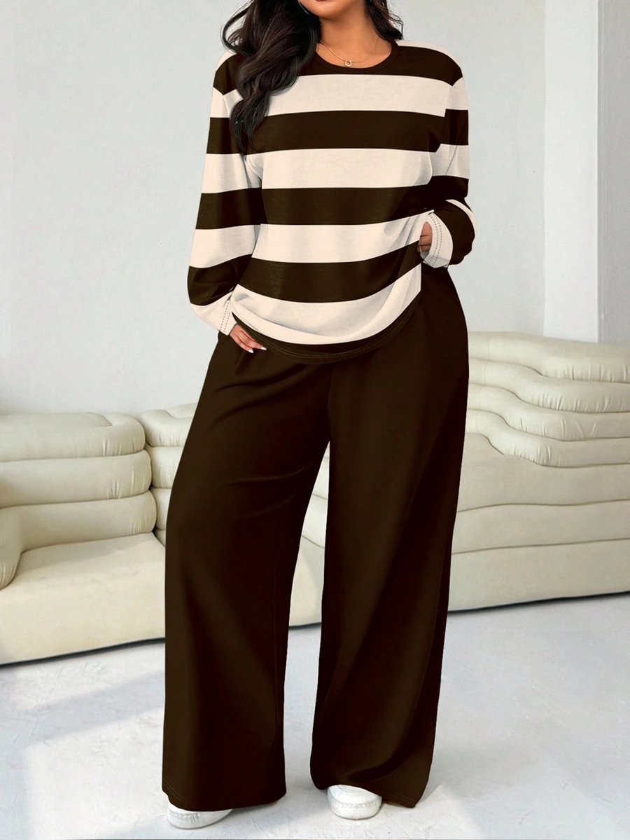 SHEIN EZwear Plus Size Women's Loose Round Neck T-Shirt And Wide Straight Leg Pants Two Pieces Set Fall - Brown - View 1