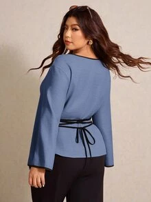 Elaquor 大尺碼配色滾邊喇叭袖休閒上衣，適合春秋穿著，長袖上衣 - 藍色 - 查看 2