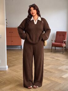 Elaquor Plus Size Women's Striped Colorblock Long Sleeve Top And Wide Leg Pants Casual Daily 2-Piece Set Casual Daily Going Out Striped Sets For Fall/Winter - Brown - View 2