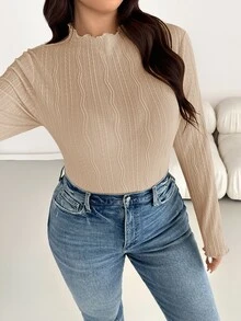 SHEIN Essnce 大尺碼女款黑色冬季休閒通勤正式約會度假秋季時尚高彈力紋理面料小立領T恤上衣 - 卡其色 - 查看 7
