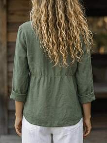 EMERY ROSE Plus Size Cinched Waist V-Neck Long Sleeve Autumn/Winter Daily Versatile Women's Blouse - Green - View 2