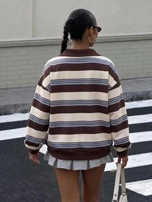 Muchica 女款新款秋季條紋半拉鍊 Polo 領夾克外套，秋冬新款女款運動衫，彩色條紋印花半拉鍊衛衣，適合戶外活動與度假穿搭 - 白色 - 查看 2