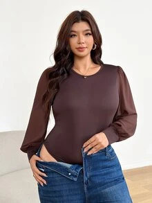 Shapeblank Women's Plus-Size Brown Long-Sleeve Bodysuit – Stylish, Stretchy, & Comfortable For Fall/Winter – Chiffon Panel Detail,Curve Clothes,Fall Outfits - Brown - View 3