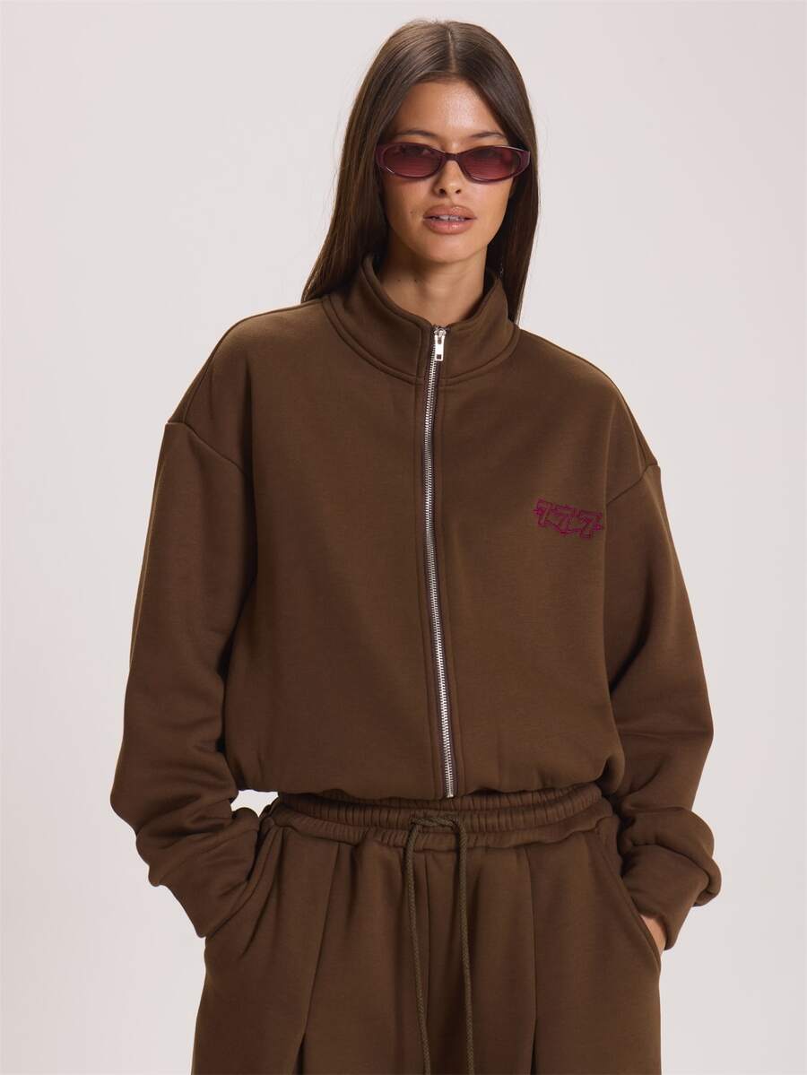 MUSERA High Funnel Neck Zip Through Embroidered Jumper Winter Fall Cute Everyday Coolgirl Mullburn Hill - Coffee Brown - View 1