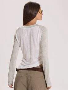 MUSERA Grey Marl Raglan V Neck Long Sleeve Top Autumn Fall Winter Everyday Basics - White - View 4