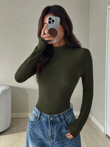 SHEIN EZwear 女款立領長袖休閒性感連身衣，黑色夏季夜生活穿搭 - 綠色 - 查看 5