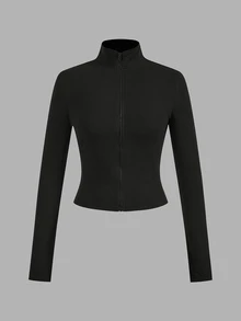 SHEIN EZwear 休閒極簡風 3 件組黑色酒紅海軍藍針織拉鍊長袖女款 T 恤，適合秋冬穿著 - 彩色 - 查看 7