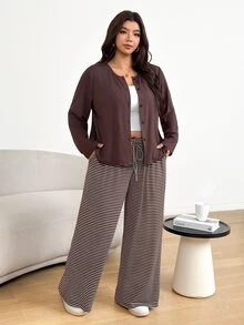 Shapeblank Women's Plus-Size Autumn/Winter 2 Pieces Set: Stylish, Casual, Stretchy, And Comfortable Brown Cardigan & Striped Wide-Leg Pants,Fall Outfits - Brown - View 5