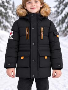 新款時尚冬季連帽外套 青少年男孩休閒聚酯纖維戶外夾克雪地外套 - 黑色 - 查看 5