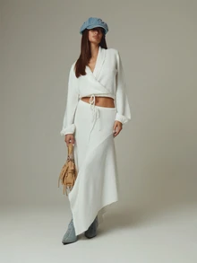 MUSERA White Cross Over Detail Neckline Long Sleeve Baggy Top Fall Autumn Winter Casual Style Outfits - Cream - View 2