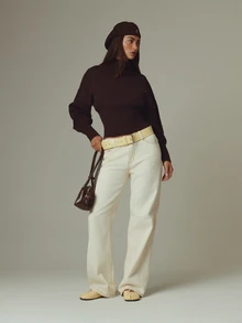 MUSERA Cream Denim Low Rise Straight Leg Jeans Fall Autumn Winter Casual Style Outfits - Light Yellow - View 1