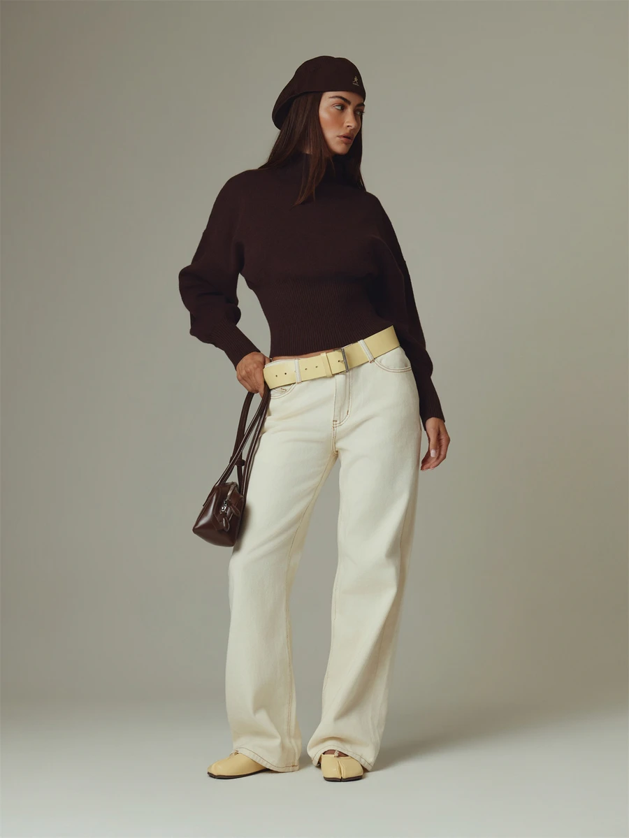 MUSERA Cream Denim Low Rise Straight Leg Jeans Fall Autumn Winter Casual Style Outfits - Light Yellow - View 1