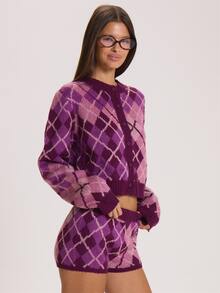 MUSERA Checkered Button Through Crewneck Knitted Jumper Autumn Winter Fall Cute Everyday Coolgirl Mullburn Hill - Purple - View 3