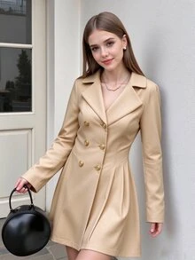 SHEIN Tween Girls Coat Fall Clothes Black Long Sleeve Casual Comfortable Gentle Elegant Versatile Daily V-Neck Button Pleated Hem Fitted Jacket, Fall, Solid - Black - View 2
