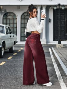 SHEIN Tall 女款時尚十字裝飾直筒寬鬆百搭牛仔褲，適合高個女性 - 紅色 - 查看 2