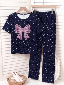 SHEIN Set Piyama 2pcs/Set untuk Remaja Perempuan, Atasan Bermotif Pita dan Celana Pendek Kotak-kotak, Kain Rajut Lembut, Nyaman, Gaya Manis dan Elegan - Navy Blue - View 3