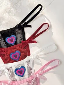 PetitDoll 4pcs Multi-Color Mesh Patchwork Bow Heart Applique Sweet Cute Women's Thong Panties - Multicolor - View 3