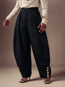 SHEIN Lunessa بنطلون طويل نسائي أسود بتصميم خريف/شتاء مع إبزيم معدني - الأسود - مشاهدة 3