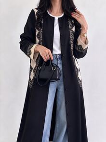 Yasmyna Fashionable Elegant Round Neck Lace Contrast Color Patchwork Front Button Long Sleeve Long Arabic Robe Cardigan - Black - View 4