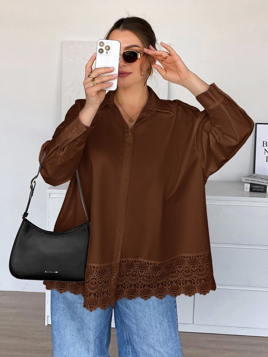 SHEIN Essnce 大尺碼百搭蕾絲拼接單排扣長袖襯衫 秋季 - 鏽棕色 - 查看 1