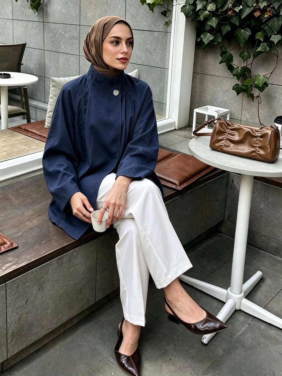 Selianne 女款時尚優雅不對稱大領廓形中長款風衣,插肩袖寬鬆修身休閒夾克 - 藏蓝色 - 查看 1