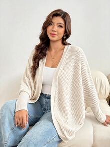 Shapeblank 大尺碼女款春秋時尚休閒寬鬆舒適日常百搭顯瘦華夫格針織黑色長袖開襟外套，秋季穿搭外穿上衣，極簡風秋季夾克 - 杏色 - 查看 6