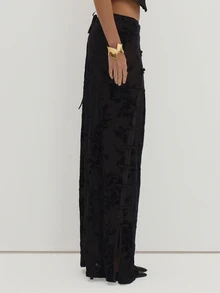MUSEYN Black Mesh Devore Split Detail Maxi Skirt Versatile Evening Date Night Chic New Season Fall Party Elagant Halloween - Black - View 3