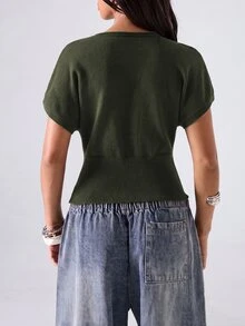 LYSMO Women's Solid Color Batwing Short Sleeve Single-Breasted Knit Cardigan - Army Green - View 2