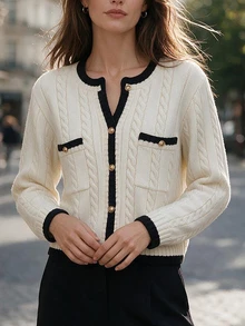 SHEIN Women's Contrast Color Long Sleeve Single-Breasted Casual Knit Cardigan - Apricot - View 4