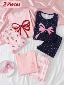 SHEIN 2件組青少年女孩蝴蝶結裝飾印花上衣與格紋短褲睡衣套裝，柔軟針織面料，舒適甜美優雅風格 - 藕粉色 - 查看 7