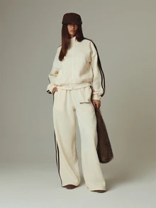MUSERA Cream Contrast Graphic Detail Straight Leg Joggers Fall Autumn Winter Casual Style Outfits - Yellow - View 3