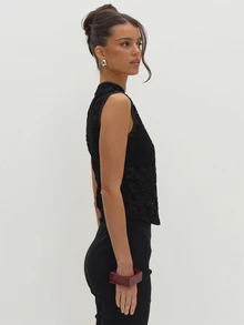 MUSEYN Black Sheer Lace Devore Knot Detail Fitted Top Versatile Evening Date Night Chic New Season Fall - Black - View 4