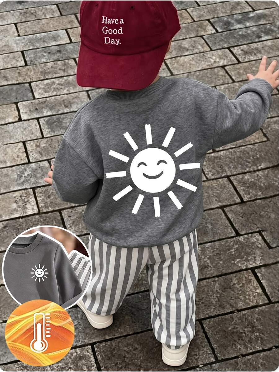 小男孩 2 件套抓絨保暖秋冬套裝,幼兒可愛笑臉太陽圖案圓領長袖衛衣與直條紋長褲套裝 - 彩色 - 查看 1