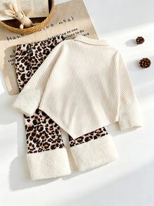 SHEIN 2件組女童休閒時尚不對稱羅紋高領上衣 + 豹紋喇叭褲，內層加厚保暖，適合秋冬日常穿著 - 杏色 - 查看 2