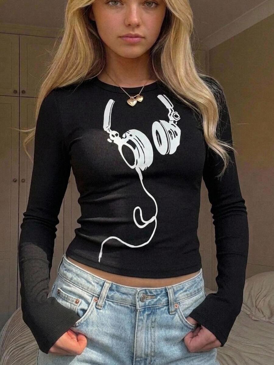 Teen Girl Black Ribbed Knit Headphone Graphic Crew Neck Long Sleeve Casual T-Shirt - Black - View 1