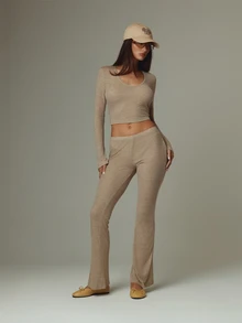 MUSERA Beige Long Sleeve V Neck Top And Mid Rise Flare Trousers Co Ord Sold As Set Fall Autumn Winter - Apricot - View 2